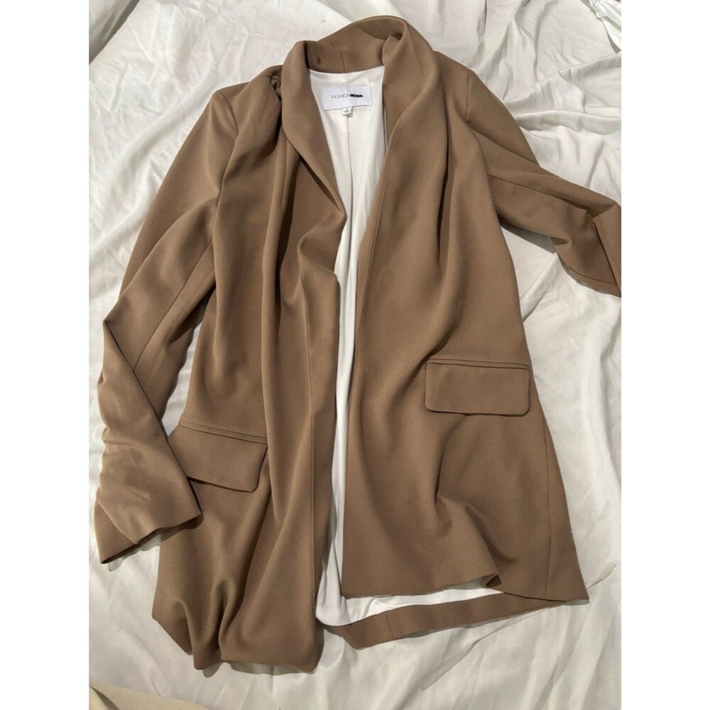 Fashion Nova Camel Draped Open-Front Blazer - Picture 2 of 5